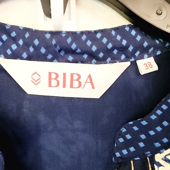 BIBA Kurta Tunic Maxi Dress Women Sz 38 Blue Gold Floral Print V Neck Lined - Picture 2 of 13